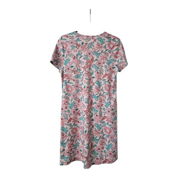 Lands' End Shift Dress MEDIUM 100% Cotton Floral Stretch S/S Pink Green Casual - Picture 2 of 8